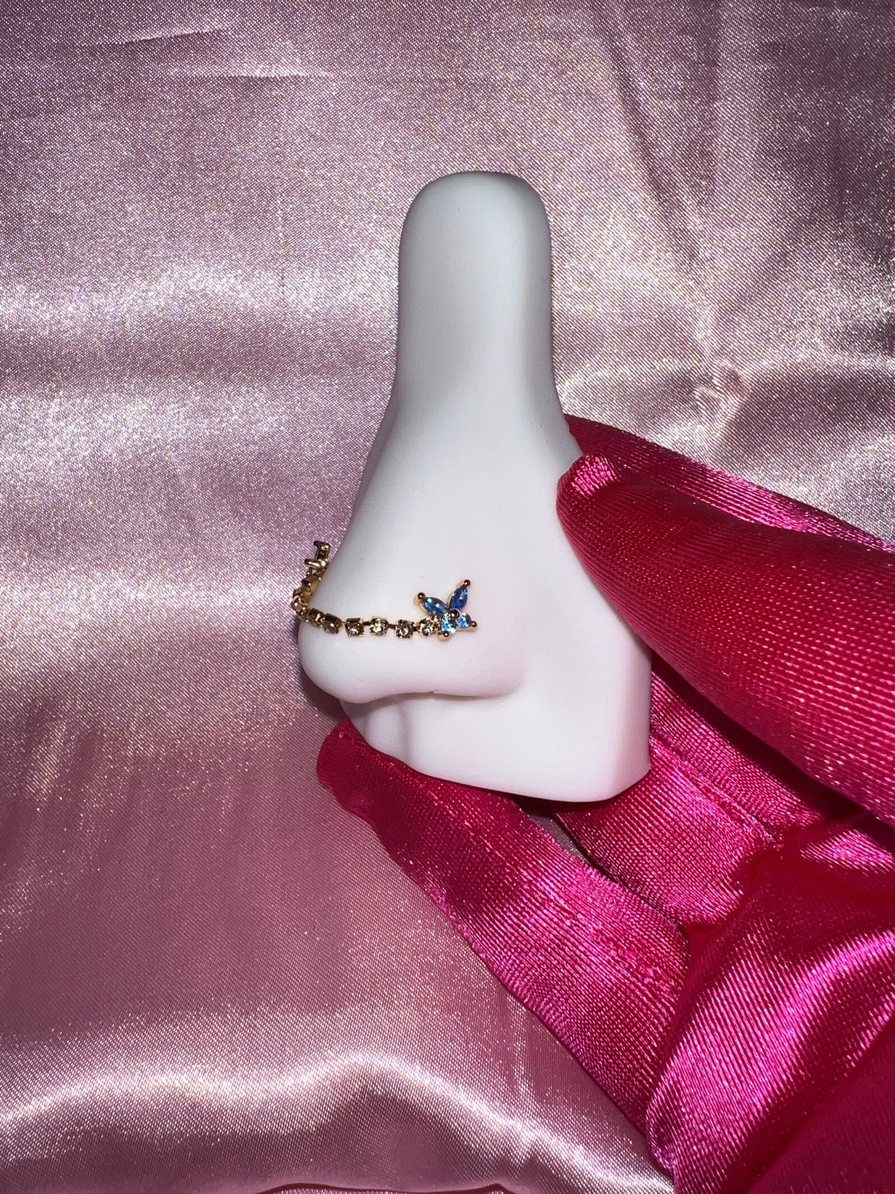 Crystal Blue Butterfly Chain Nose Ring 🦋